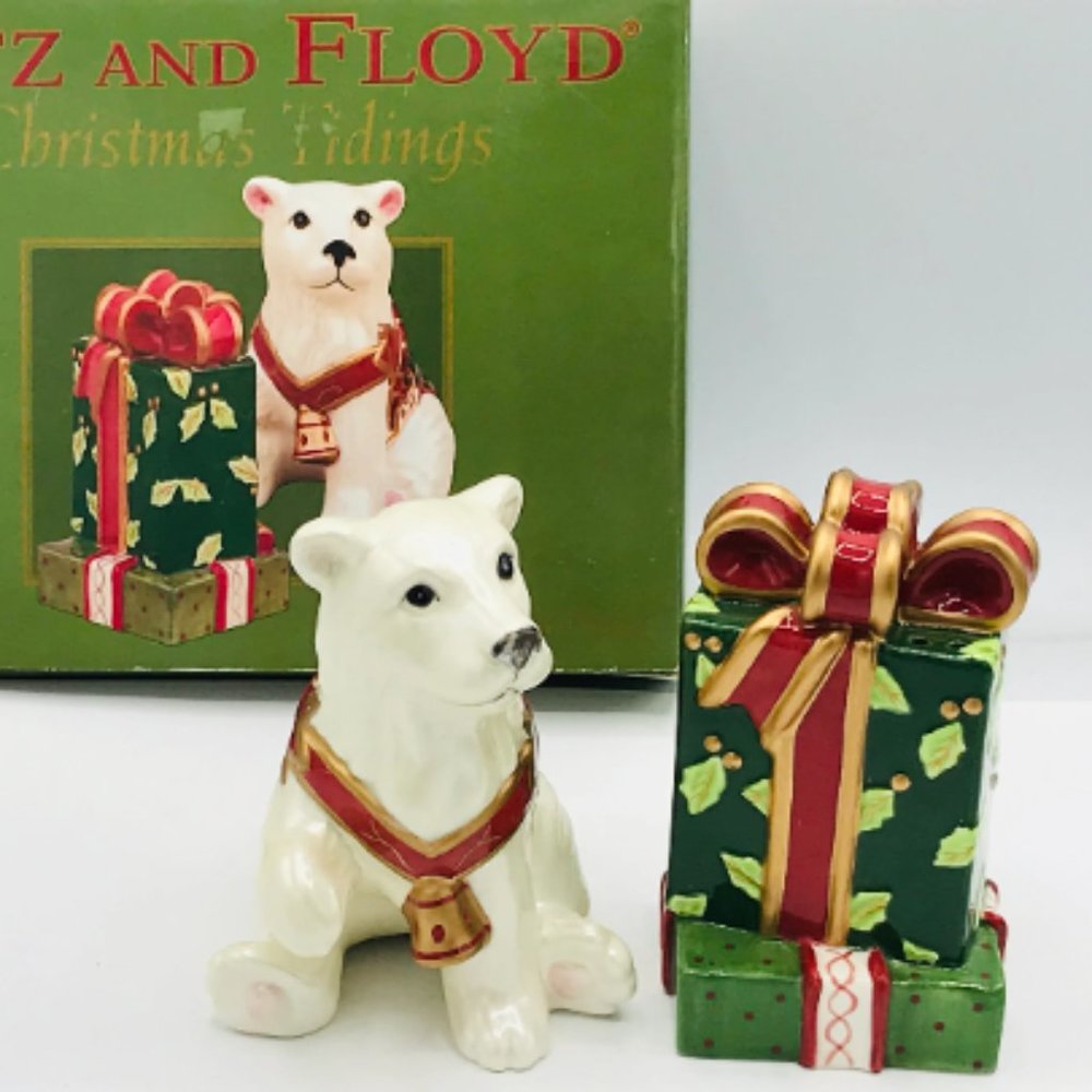Fitz and Floyd Teddy’s Christmas Salt and Pepper Shakers Bear & Present